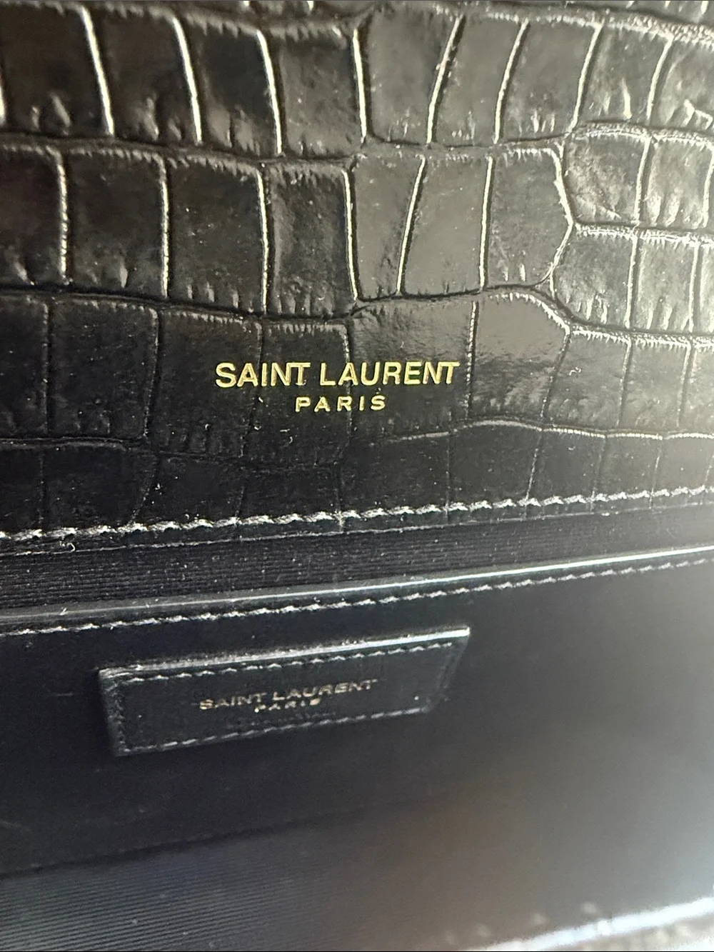 Saint Laurent Black Croc-Embossed Shoulder Bag with Gold Chain and YSL Tassel